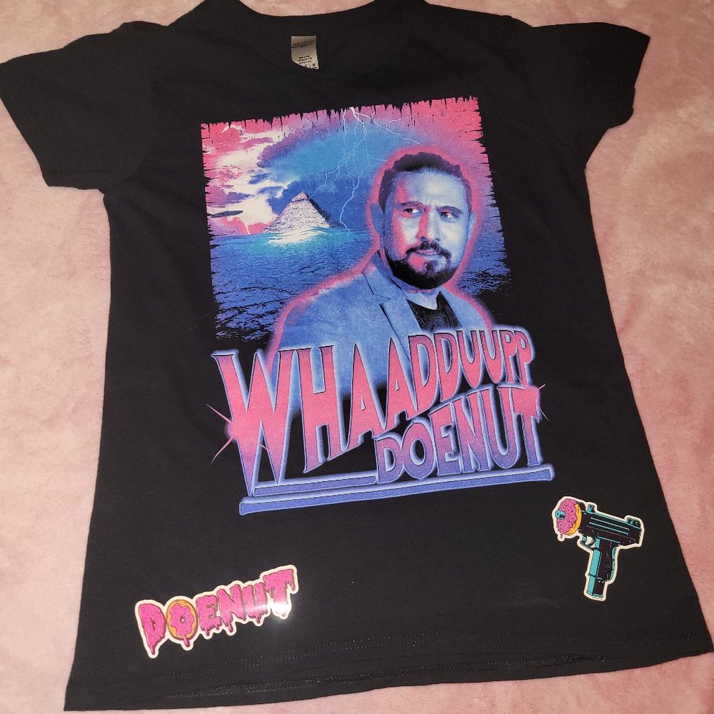 What Up it DOENUT one day sale Tee Sz Medium with stickers